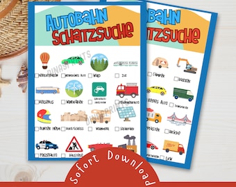 Op de afbeelding: Een printbaar spelbord voor een speurtocht met een blauwe rand en een gele achtergrond. Het spel heet "Autobahn Schatzsuche" en bevat een lijst met items om te vinden, zoals een camper, een bus, een brandweerwagen, een politieauto en een bouwteken. Het spel is ontworpen voor kinderen en is een leuke manier om verschillende soorten voertuigen te leren kennen.