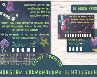 May include: A printable Halloween-themed scavenger hunt game with 13 indoor riddles. The game features a monster theme with illustrations of monsters, pumpkins, and skulls. The text on the game says "Monster Codeknacker Schatzsuche" which translates to "Monster Codebreaker Treasure Hunt".