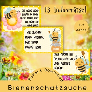Könnte beinhalten: Ein Satz von 13 gelben und weißen Karten mit Bienen-Illustrationen und Rätseln für eine Bienen-Schnitzeljagd. Die Karten sind mit "13 Indoor-Rätsel" und "4-7 Jahre" beschriftet.