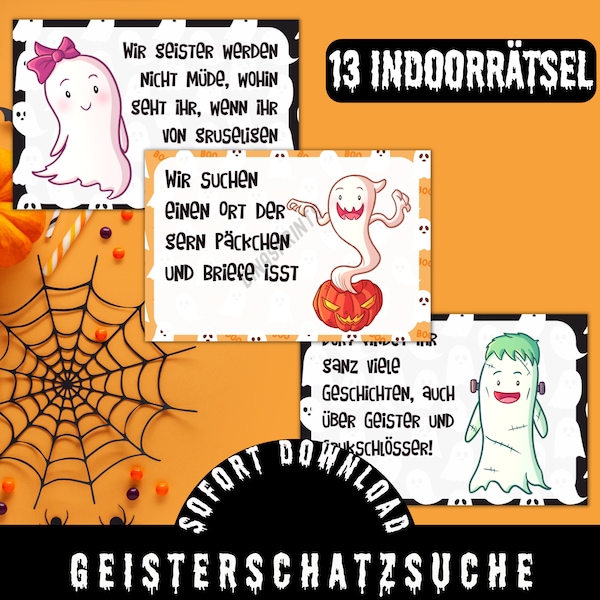 Geister Schatzsuche für den Kindergeburtstag Schnitzeljagd Gespenst Halloweenparty Spiel zum Ausdrucken Kinderbeschäftigung Party Spiel PDF