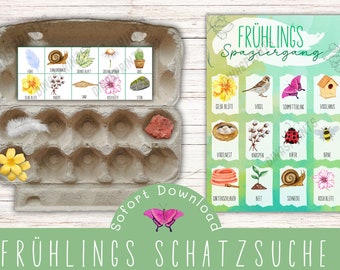 May include: A printable game for kids to play outdoors in the spring. The game features a list of items to find on a nature walk, such as a bird's nest, a flower, and a snail. The game is called "Frühlings Schatzsuche" which translates to "Spring Treasure Hunt".