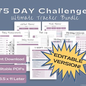 EDITABLE 75 Day Challenge Tracker, 75 Soft Printable PDF, 75 Medium Challenge Template, Meal Planner, Fitness Planner