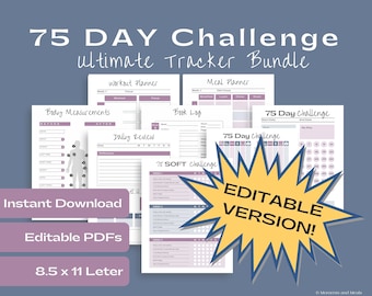 EDITIERBARE 75 Tage Challenge Tracker, 75 Soft druckbare PDF, 75 Medium Challenge Vorlage, Meal Planner, Fitness Planner