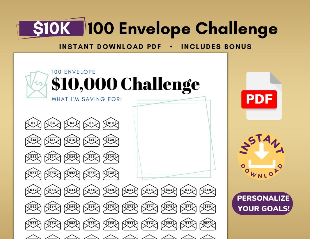 10K 100 Envelope Challenge, 10000 Savings Challenge, 10K Challenge