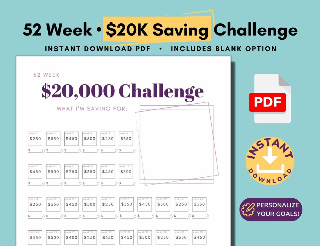 20K Savings Challenge Printable - 52 Week Savings Tracker Including Pre ...