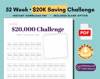20K Savings Challenge Printable - 52 Week Savings Tracker Including Pre-Filled and Blank Savings Goal Sheets - Instant Download PDF (Purple)