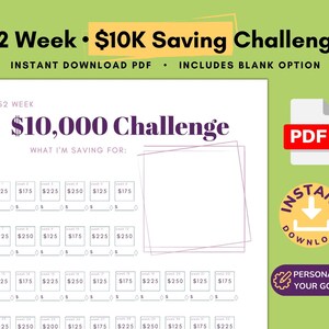 10K Savings Challenge, 52 Week Savings Tracker, Printable PDF Includes Pre-Filled and Blank Savings Goal Sheets (Purple)