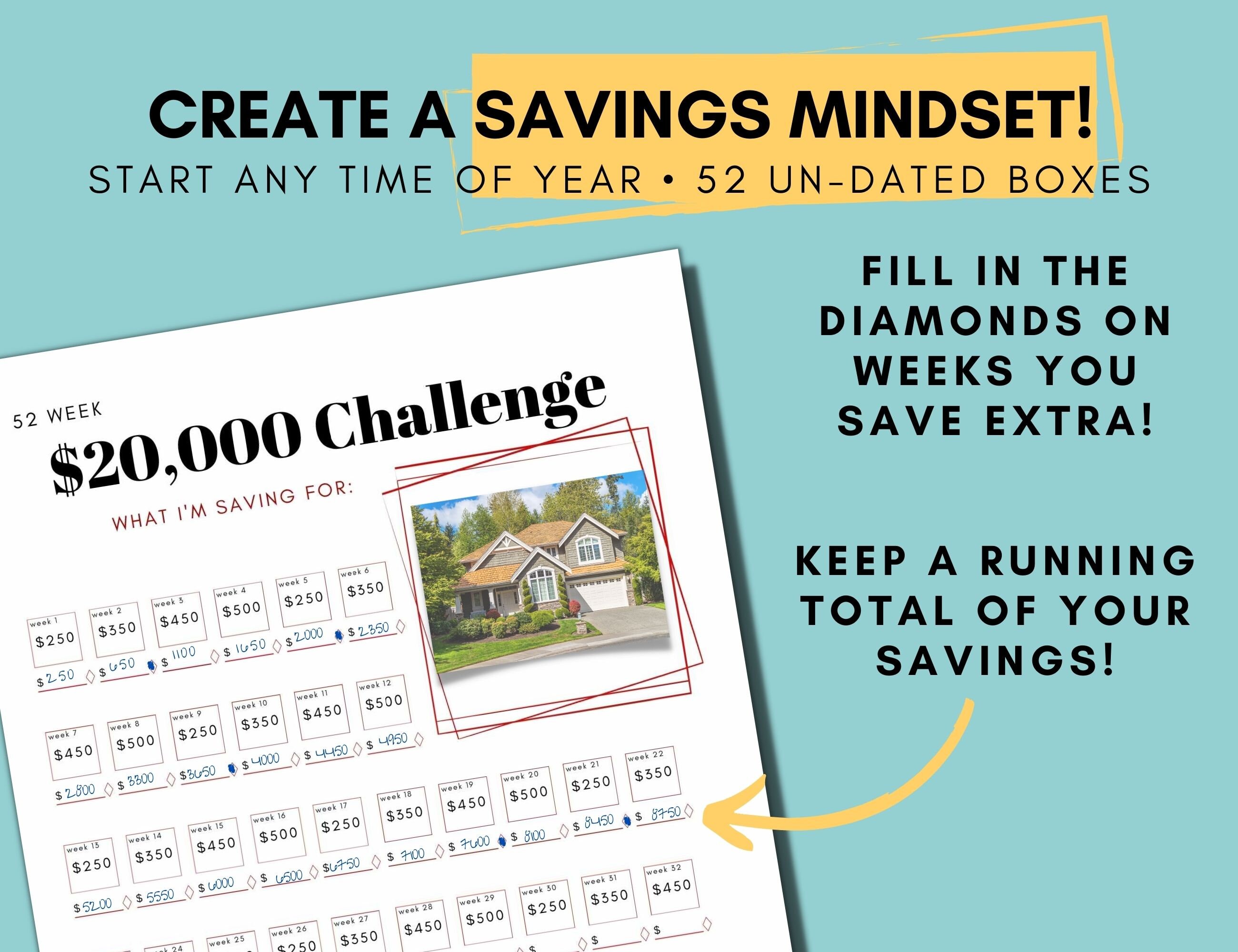 20K Savings Challenge Printable - 52 Week Savings Tracker Including Pre ...