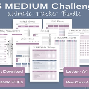 May include: Printable 75 Day Challenge Tracker Bundle in a pink and grey colour scheme. The bundle includes a workout planner, meal planner, body measurements tracker, book log, and a daily review tracker. The trackers are designed to help you stay on track with your fitness goals.