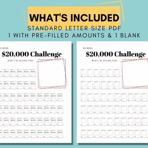 20K Savings Challenge Printable - 52 Week Savings Tracker Including Pre-Filled and Blank Savings Goal Sheets - Instant Download PDF (Red)