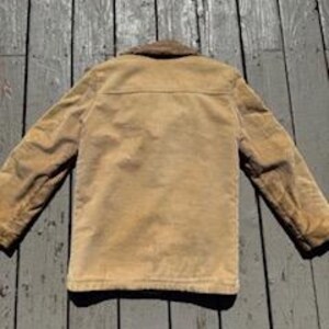 May include: Tan corduroy jacket with a brown faux fur collar. The jacket has a button-up front, two chest pockets, and long sleeves. The jacket is shown from the back, with the collar and shoulders in focus.
