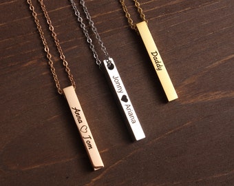 Bar Pendant Necklace, Custom Text Necklace, Engraved Name 3D Vertical Bar Necklace