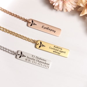 Personalized Medical ID Necklace, Alert Plate Necklace, Diabetic Necklace, Epilepsy Medical Prescription Necklace