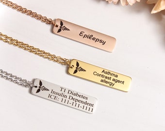 Personalized Medical ID Necklace, Alert Plate Necklace, Diabetic Necklace, Epilepsy Medical Prescription Necklace