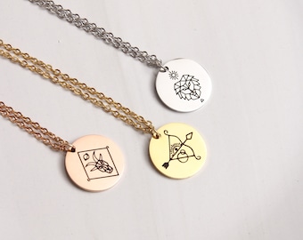 Personalized Zodiac Necklace,  Horoscope necklace, Choker Necklace, Disc Necklace, Engraved Jewelry