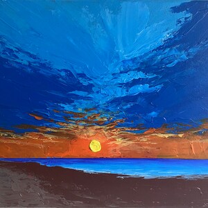 An original acrylic painting capturing a sunset in a shore