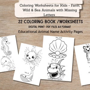 Coloring Worksheets for Kids - Farm, Wild & Sea Animals with Missing Letters | Educational Animal Name Activity Pages