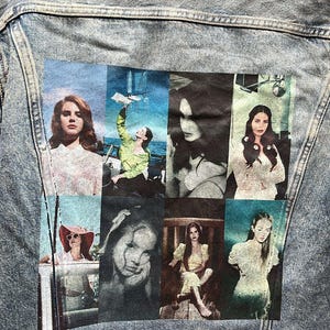 Chaqueta vaquera azul con estampado de Lana Del Rey reciclado y vintage, tallas S a XXL (Lea la descripción con atención)
