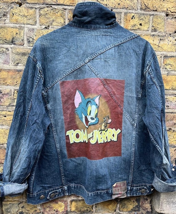 Vintage Upcycled Reworked Tom and Jerry Print Blue Denim Jean 