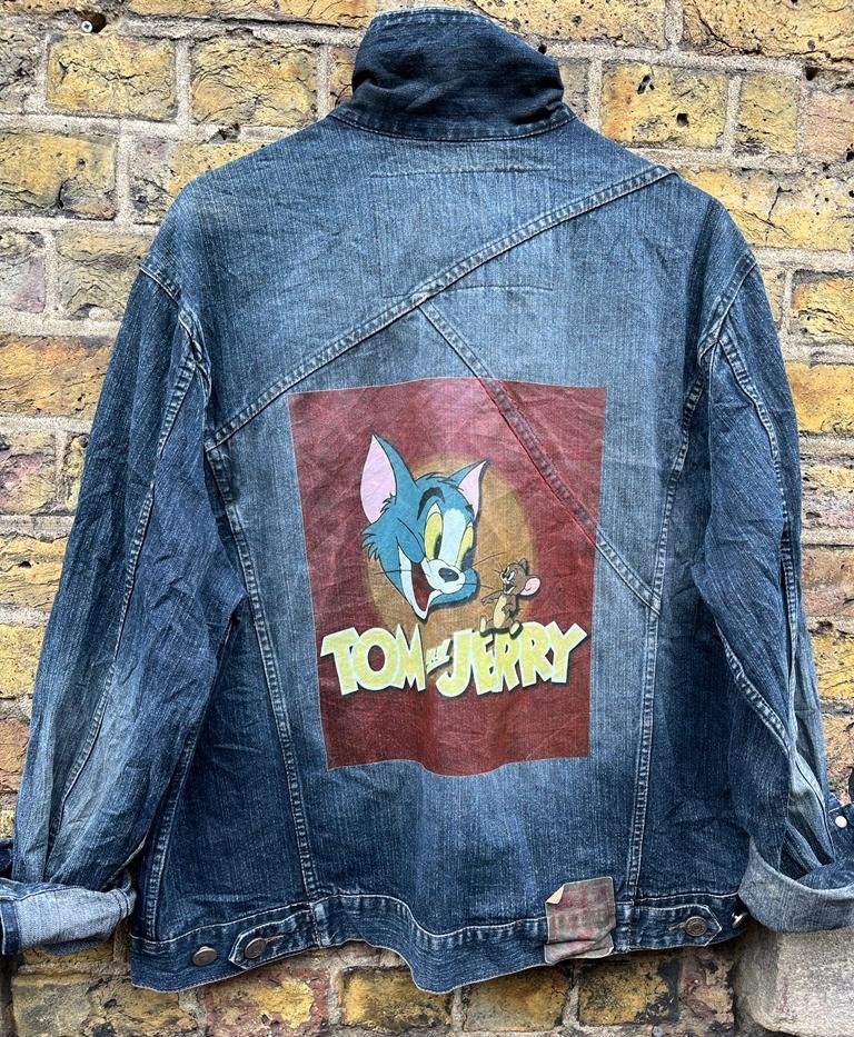 Vintage Upcycled Reworked Tom and Jerry Print Blue Denim Jean 