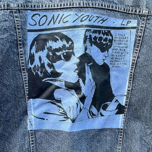 Vintage Upcycled überarbeitete Sonic Jugend Goo Print Blaue Denim Jeansjacke Rauschen Alternative Garage Rock S-XXL (Lesen Sie die Beschreibung sorgfältig!)