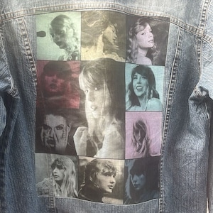 Könnte beinhalten: Eine blaue Jeansjacke mit einer Collage von Bildern von Frauen, die auf der Rückseite aufgedruckt sind. Die Bilder sind in Schwarzweiß und in einem Raster angeordnet. Die Jacke hat ein Etikett unten rechts, auf dem "O-D 105 OVER-D" steht.