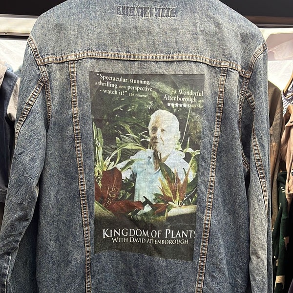 Vintage Upcycled David Attenborough Kingdom of Plants Nature bbc Documentary Print Blue Denim Jean Jacket S-XXL (READ DESCRIPTION Carefully)