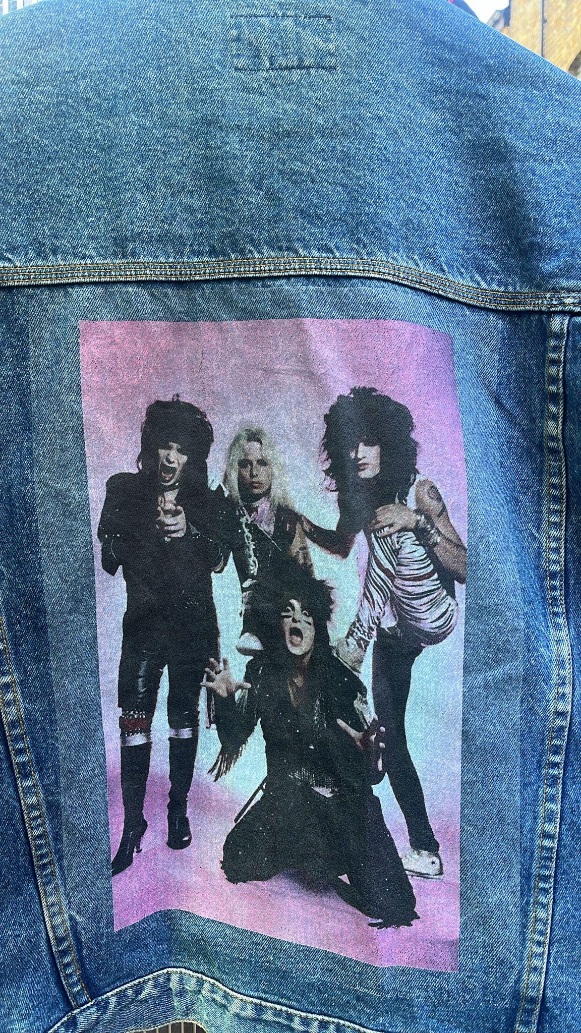 Vintage Upcycled Reworked Mötley Crüe Print Denim Jean Jacket S-XXL (READ DESCRIPTION Carefully) Glam, Heavy Metal, Rock, Classic