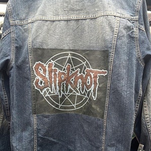 Vintage Upcycled Reworked Slipknot Logo Nu Metal Alt Heavy  Print Blue Denim Jean Jacket S-XXL (READ DESCRIPTION Carefully)
