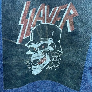 Vintage Upcycled Slayer Skull Helmet Thrash Speed Metal Hardcore Punk band Print Blue Denim Jean Jacket S-XXL (READ DESCRIPTION Carefully!)
