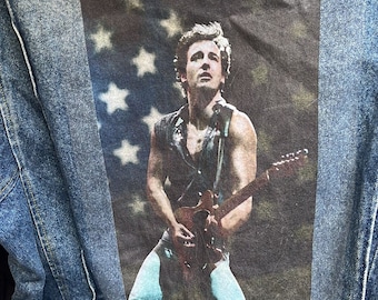 Vintage Upcycled Reworked Bruce Springsteen Print Denim Jean Jacket S-XXL (READ DESCRIPTION Carefully) usa American Flag Guitar Classic Rock
