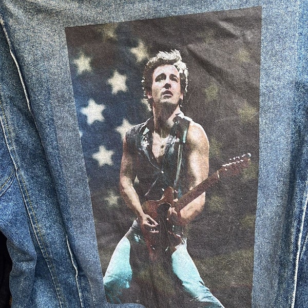 Vintage Upcycled Reworked Bruce Springsteen Print Denim Jean Jacket S-XXL (READ DESCRIPTION Carefully) usa American Flag Guitar Classic Rock