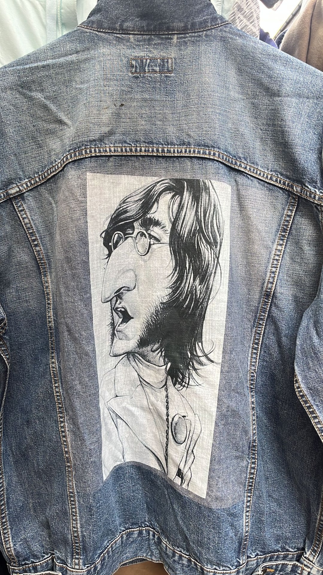 Vintage Upcycled Reworked John Lennon Art Print Blue Denim Jean