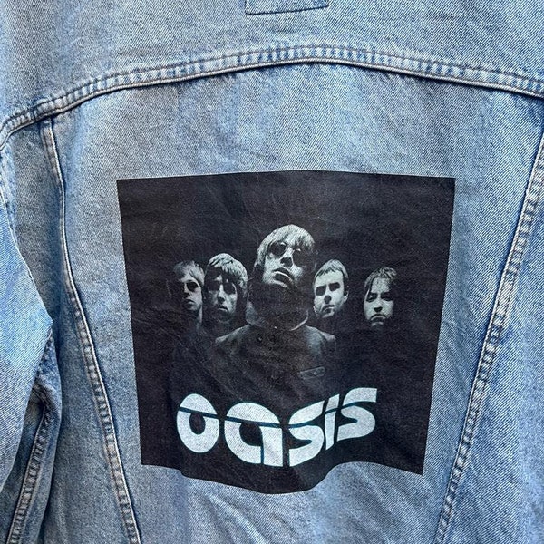 Vintage Upcycled Oasis Band Brit Pop Rock Indie 90's Print Blue Denim Jean Jacket S-XXL (READ DESCRIPTION Carefully)