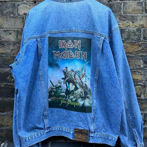 Vintage Upcycled Reworked Iron Maiden The Trooper S-XXL Print Blue Denim Jean Jacket (Read Description Carefully)
