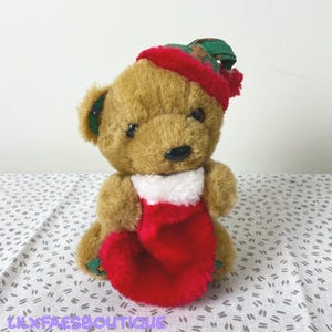 6&quot; Vintage 1990s brown teddy bear christmas print with stocking