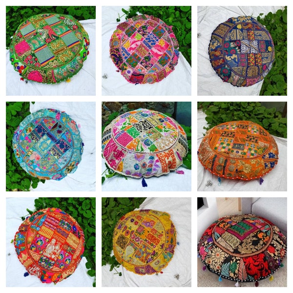 Coussins ronds Boho rond taies d'oreiller fait main coloré brodé patchwork taie d'oreiller vintage 32" grande taie d'oreiller