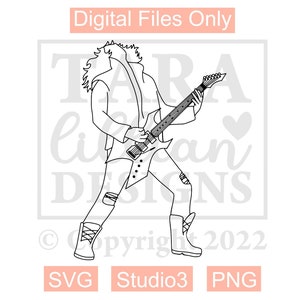 May include: Line art illustration of a person playing an electric guitar. The person is wearing a jacket, jeans, and boots. The guitar has a pointy body and a long neck. The image is in black and white.