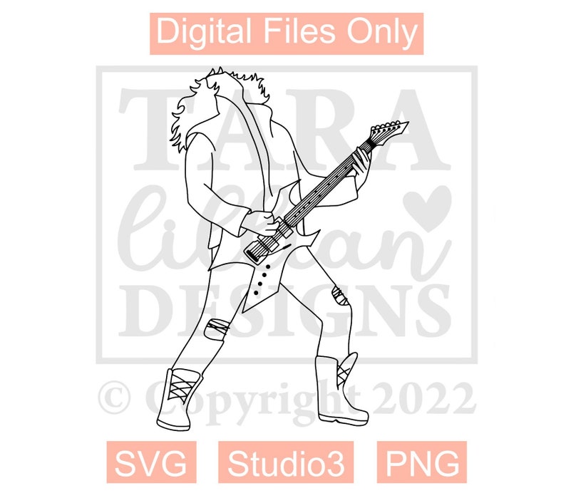 May include: Line art illustration of a person playing an electric guitar. The person is wearing a jacket, jeans, and boots. The guitar has a pointy body and a long neck. The image is in black and white.