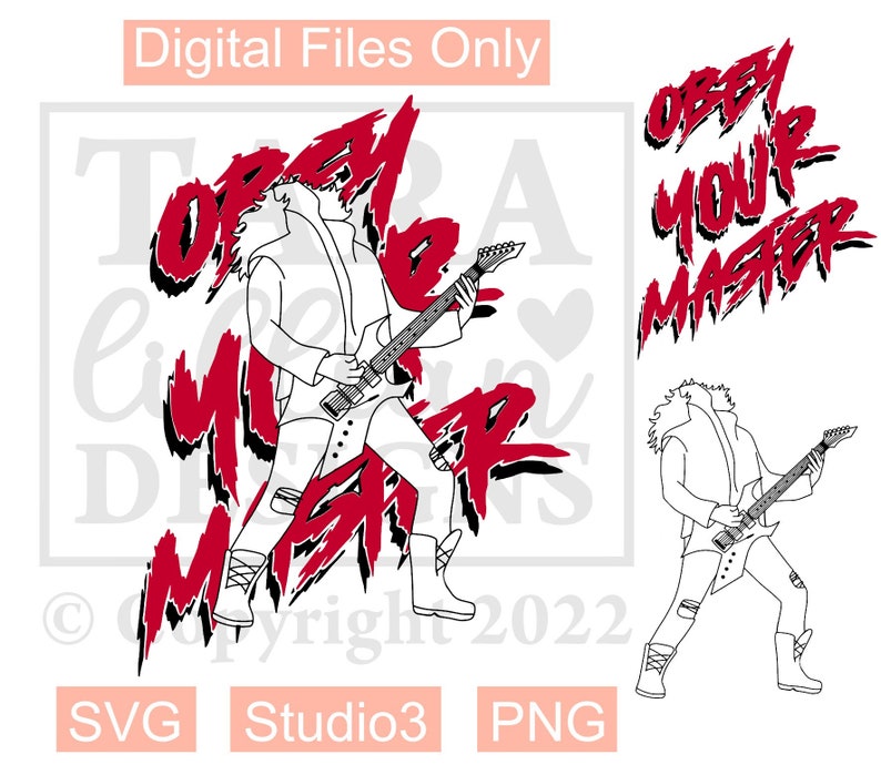 May include: Black and white line art illustration of a person playing a guitar with the words "Obey Your Master" in red and black lettering.