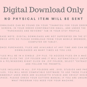May include: Pink background with white text explaining that this is a digital download only and no physical item will be sent. The text also explains how to download the files and what software is needed to use them.
