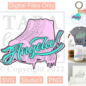 Könnte beinhalten: Ein digitales Design mit einem Paar rosa Rollschuhen mit dem Wort "Angela!" in türkisfarbener Schrift. Das Design ist perfekt für die Erstellung von individueller Kleidung, Tassen und anderen Bastelarbeiten.