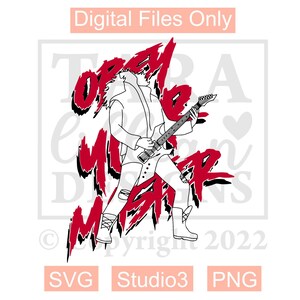May include: Red and black graphic design with the text "Open Mic Night" and a line drawing of a person playing a guitar.