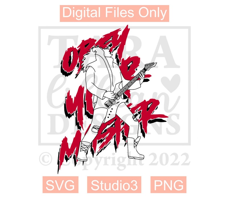 May include: Red and black graphic design with the text "Open Mic Night" and a line drawing of a person playing a guitar.