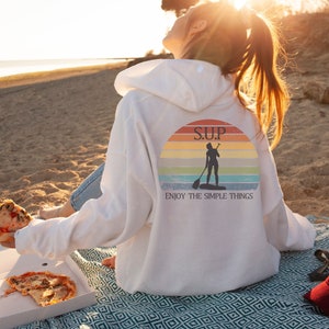 Cute Paddleboarding Hoodie, SUP Hooded Sweatershirt, Womens Oversized Paddleboard Sweater, Vintage Sunset Paddle Board Shirts for Her