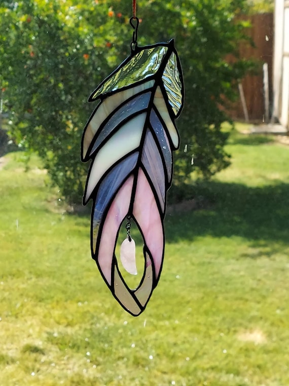 Large Handmade Stained Glass Feather W/wing Suncatcher Etsy
