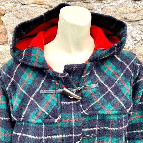 LADIES DUFFLE COAT - Retro 90s Ladies High Quality British warm pure new wool Tartan Duffle Coat with hood  - Made in England Great Britain