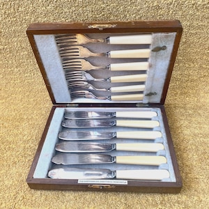 Puede incluir: Un estuche de cubiertos de madera abierto, con tenedores y cuchillos. Los cubiertos tienen mangos blanquecinos y hojas plateadas. El estuche está forrado con tela azul claro. El texto "THE NORTHERN GOLDSMITHS & CO NEWCASTLE" es visible.