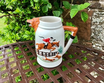 Superb Vintage English English Fox Hunting Themed Milk or Water Jug featuring Huntsman and Hounds. - Foxes Head Spout