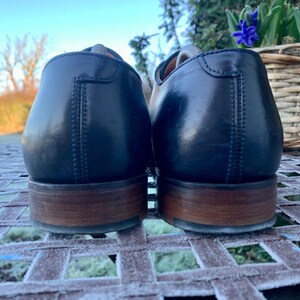 May include: A pair of navy blue leather dress shoes with brown wooden soles. The shoes are positioned close together, showcasing the back of the heels. The image is taken outdoors, with a blurred background of a garden and a clear sky.